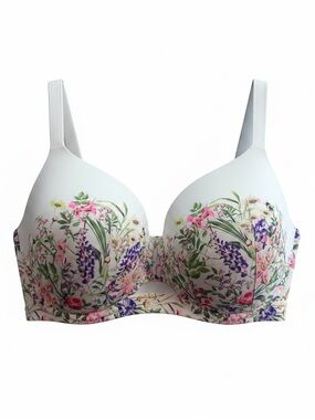 Cacique White  Floral T-Shirt Bra with Pink & Purple Blooms